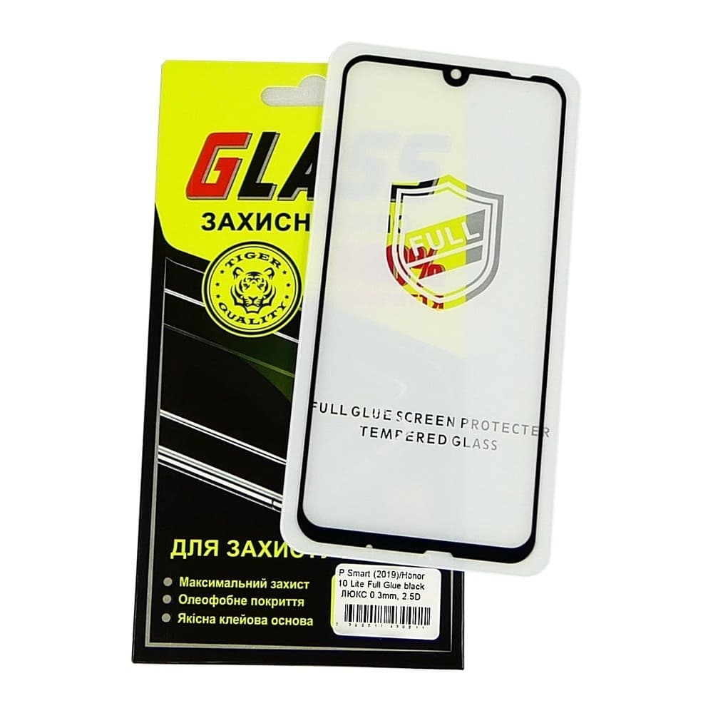 Захисне скло Huawei Honor 10 Lite, P Smart (2019), P Smart Plus (2019), POT-LX1, POT-LX1T, POT-LX1AF, POT-LX1RU, POT-LX2J, POT-LX3, чорне, Люкс, 0.25 мм, 2.5D, iNobi, Full Glue, клей на усій поверхні, сумісне з чохлом | Закаленное защитное стекло