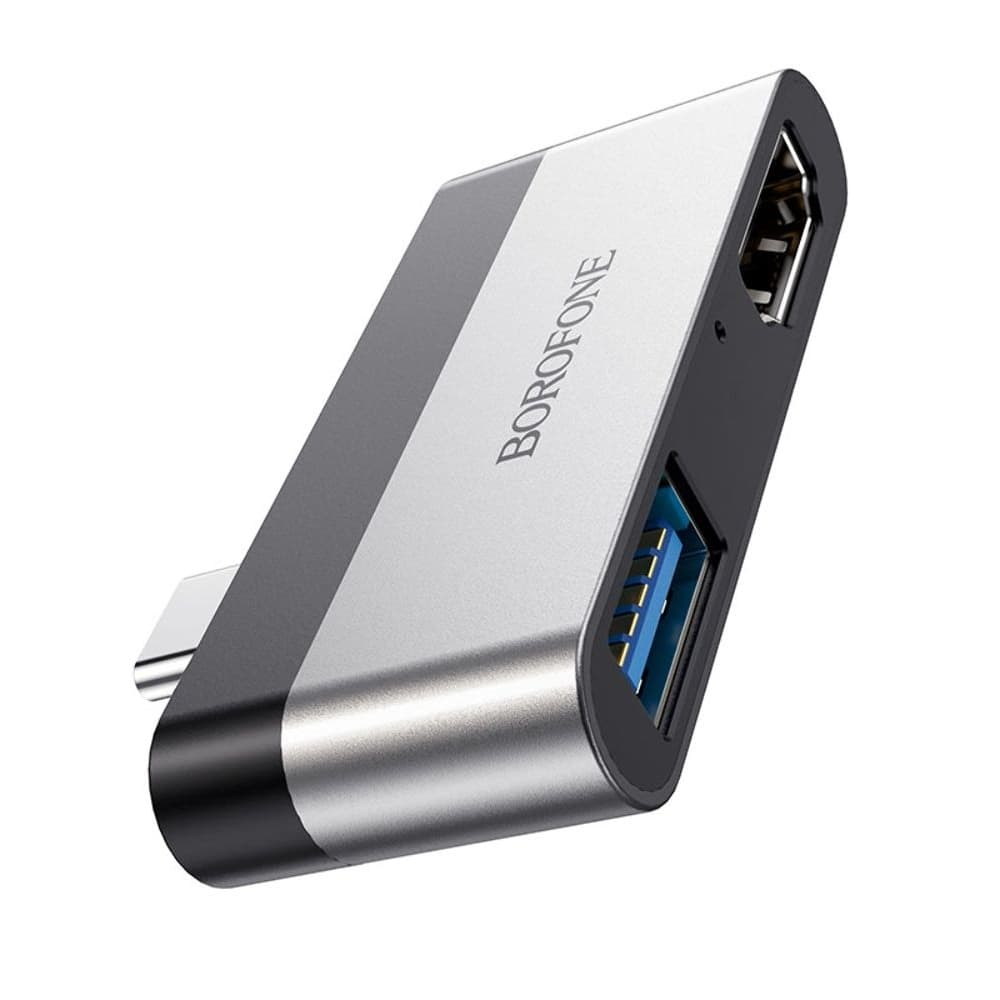 Мультиадаптер хаб Borofone DH2, 2 в 1, Type-C на USB 3.0 (F)/ HDMI (F), серебристый