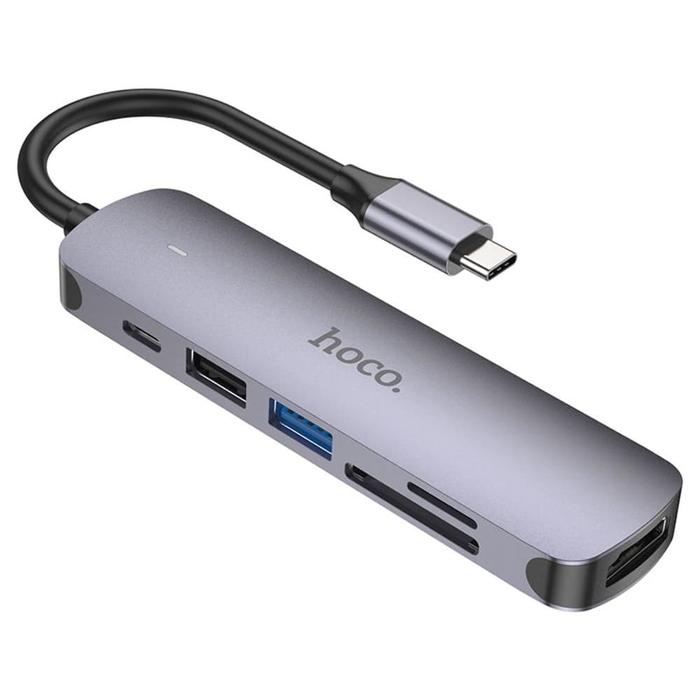 Мультиадаптер хаб Hoco HB28, 6 в 1, Type-C на USB 3.0 (F)/ USB 2.0 (F)/ HDMI (F)/ Type-C (F)/ SD/ TF, Power Delivery (60 Вт), 13 см, серебристый