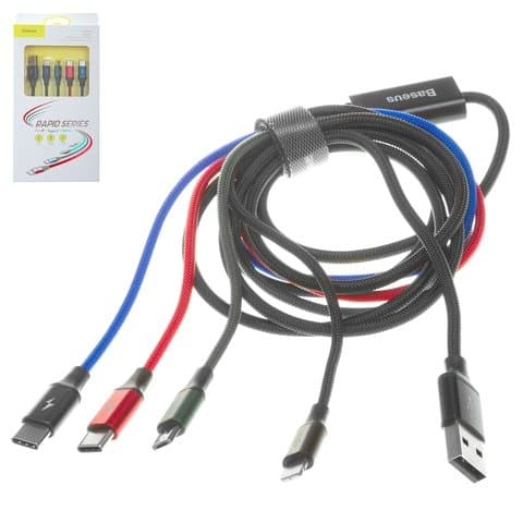 USB-������ Baseus, Type-C, Micro-USB, Lightning, 120 ��, �������� ������ ������ �� Lightning, � ���������� �������, 4 � 1, 3.5 �, ������, CA1T4-B01