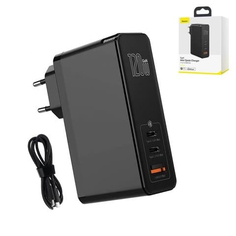 ������� �������� ���������� Baseus GaN Mini, 1 USB, 2 Type-C, Quick Charge, � ������� Type-C �� Type-C, 120 ��, ������, CCGAN-J01
