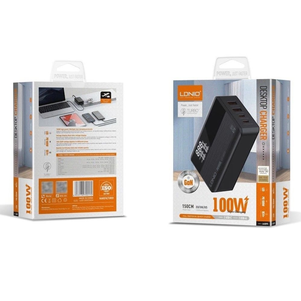������� �������� ���������� Ldnio A4809C, 2 USB, 2 Type-C, Quick Charge, Power Delivery, 100 ��, c ��������, ������
