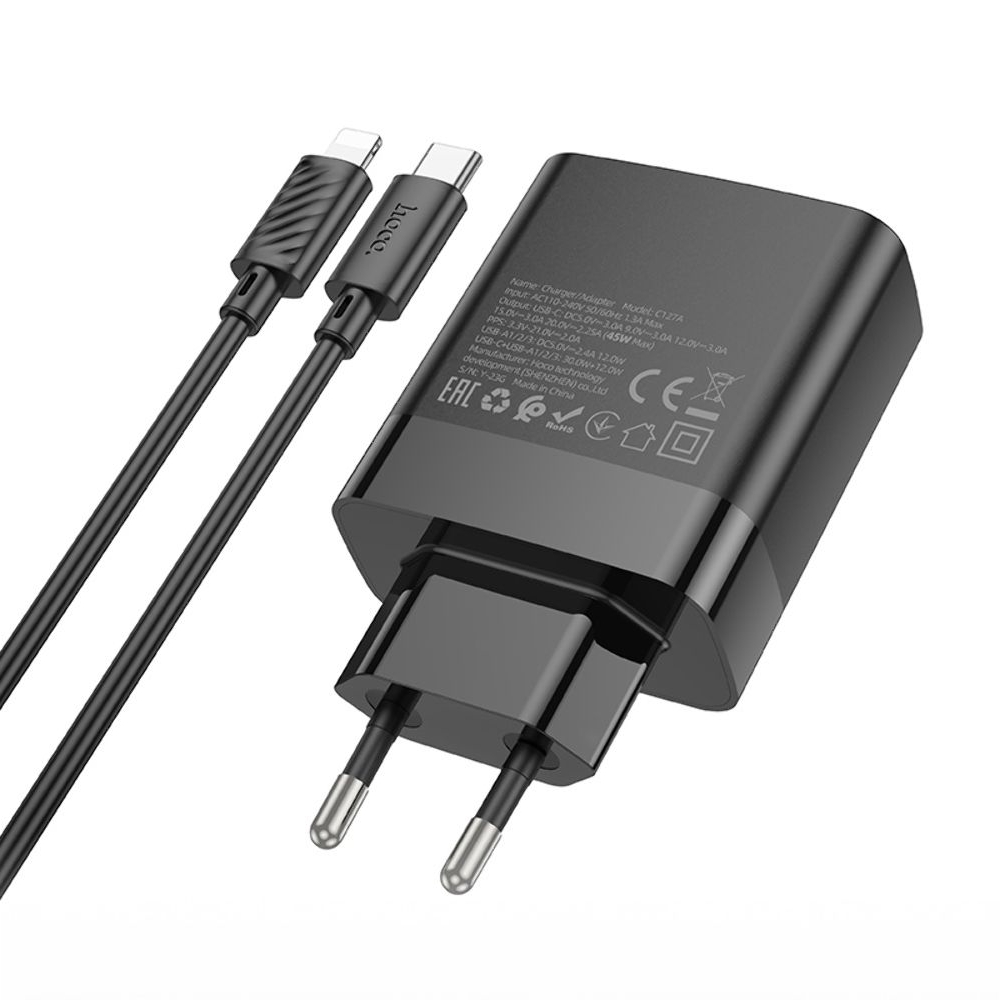 ������� �������� ���������� Hoco C127A, 3 USB, Type-C PD45W, ������, � ������� Type-C �� Lightning