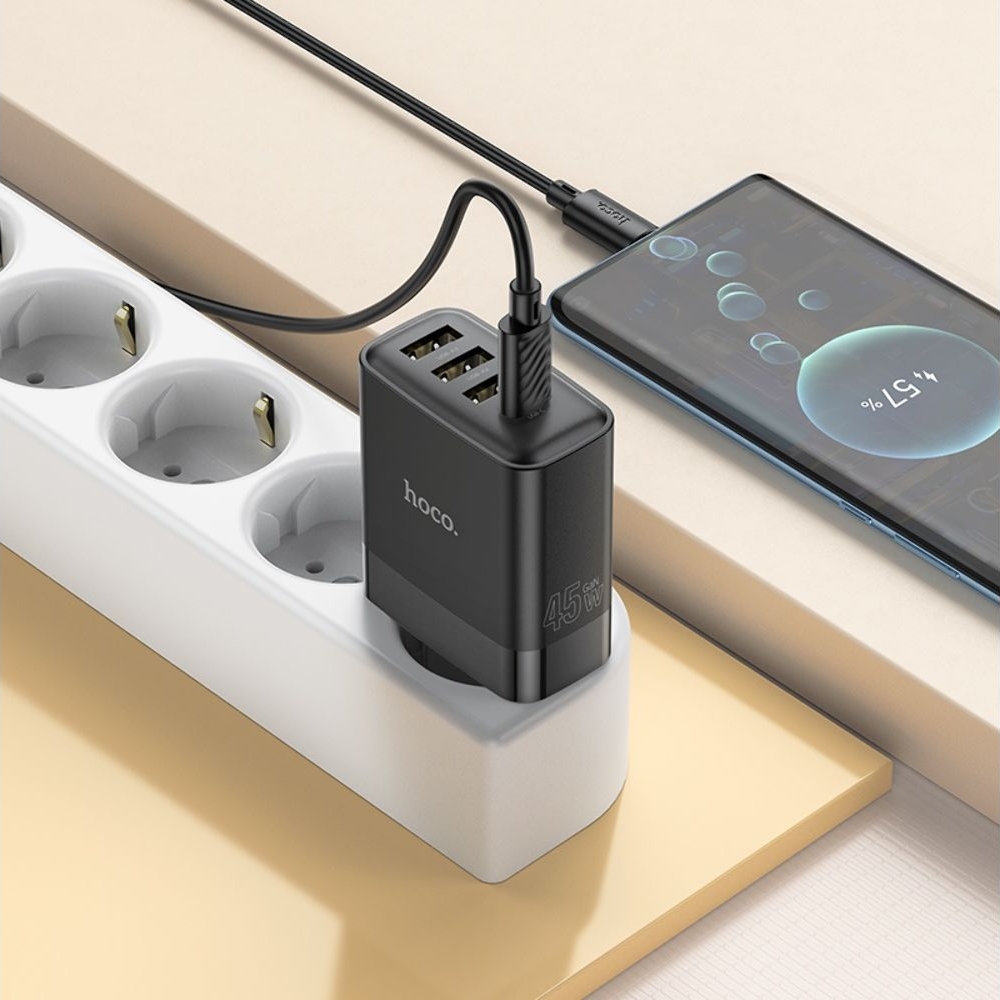 ������� �������� ���������� Hoco C127A, 3 USB, Type-C, Power Delivery (45 ��), ������, � ������� Type-C �� Type-C