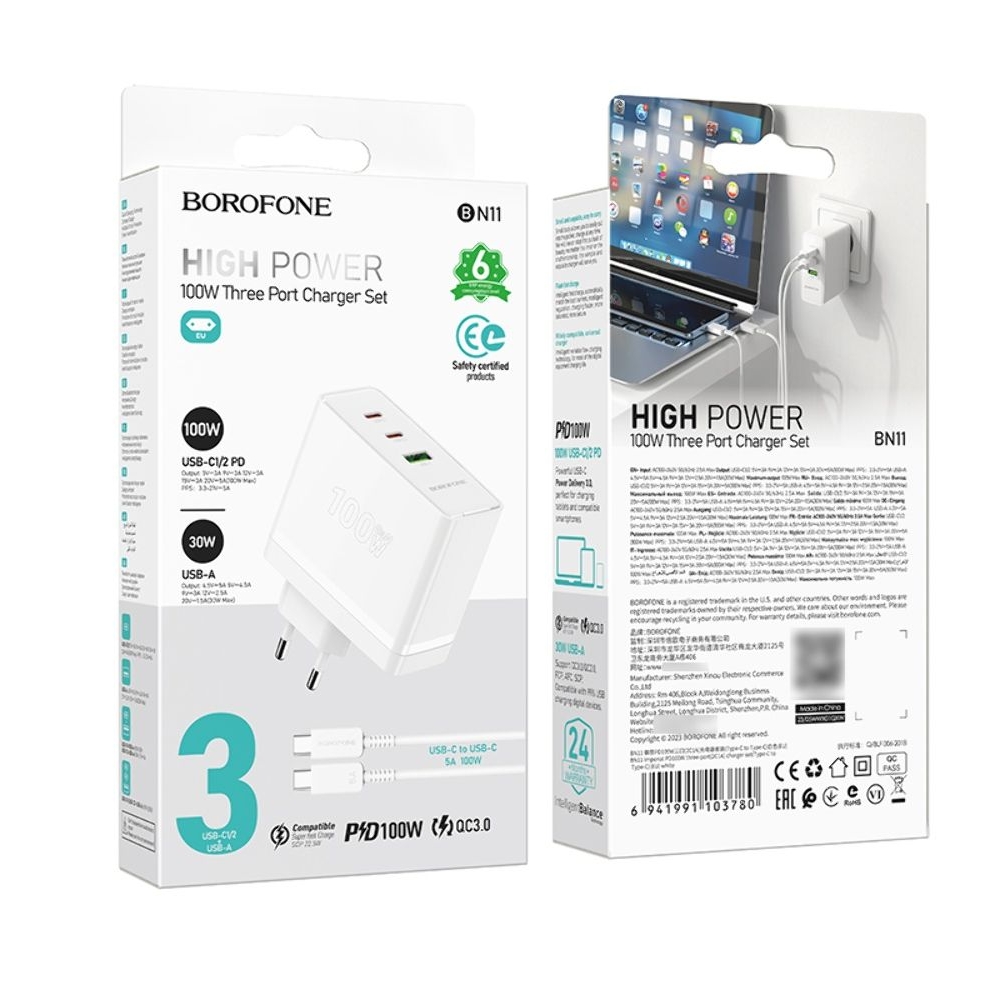 ������� �������� ���������� Borofone BN11, 1 USB, 2 Type-C, PowerDelyvery (100 ��), �����, � ������� ������ Type-C �� Type-C