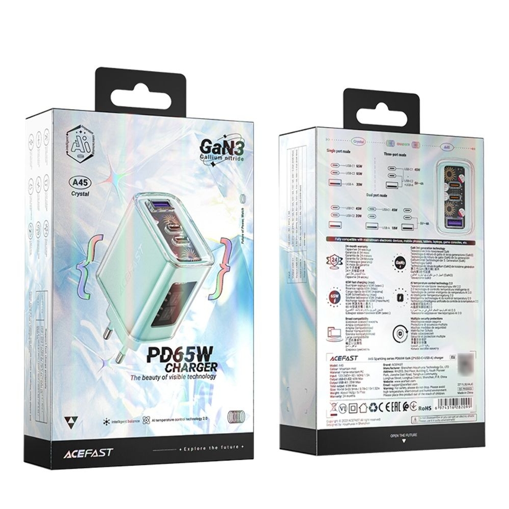 ������� �������� ���������� Acefast A45, 1 USB, 2 Type-C, Quick Charge, Power Delivery (65 ��), GaN, ���������