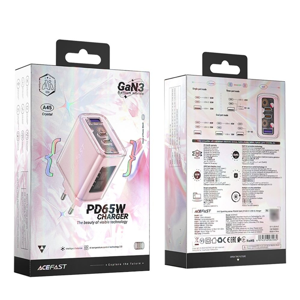 ������� �������� ���������� Acefast A45, 1 USB, 2 Type-C, Quick Charge, Power Delivery (65 ��), GaN, �������