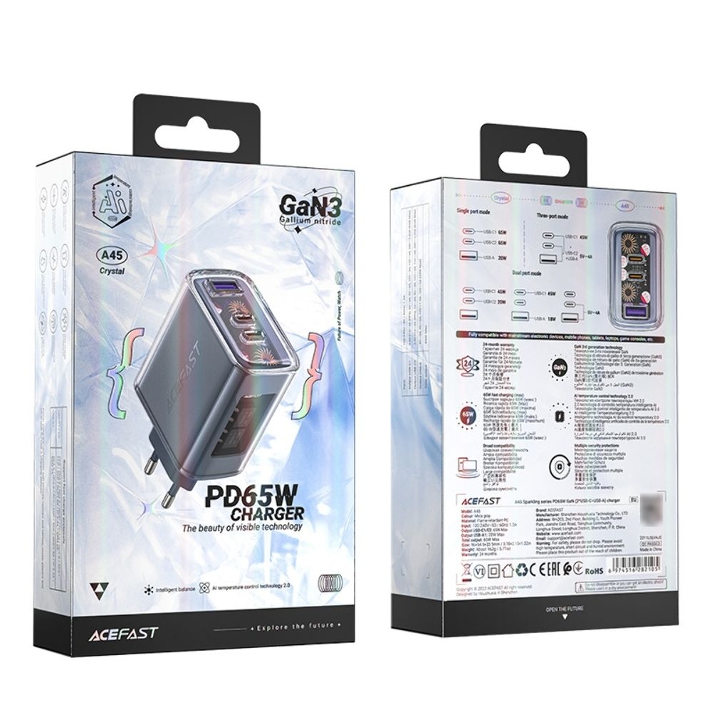 ������� �������� ���������� Acefast A45, 1 USB, 2 Type-C, Quick Charge, Power Delivery (65 ��), GaN, �����