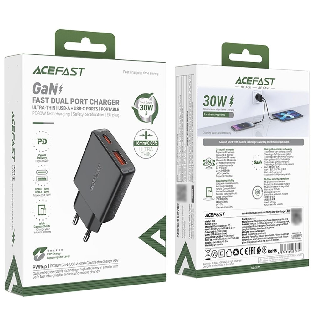 ������� �������� ���������� Acefast A69 USB/ Type-C, Quick Charge, Power Delivery (30 ��), GaN, ������
