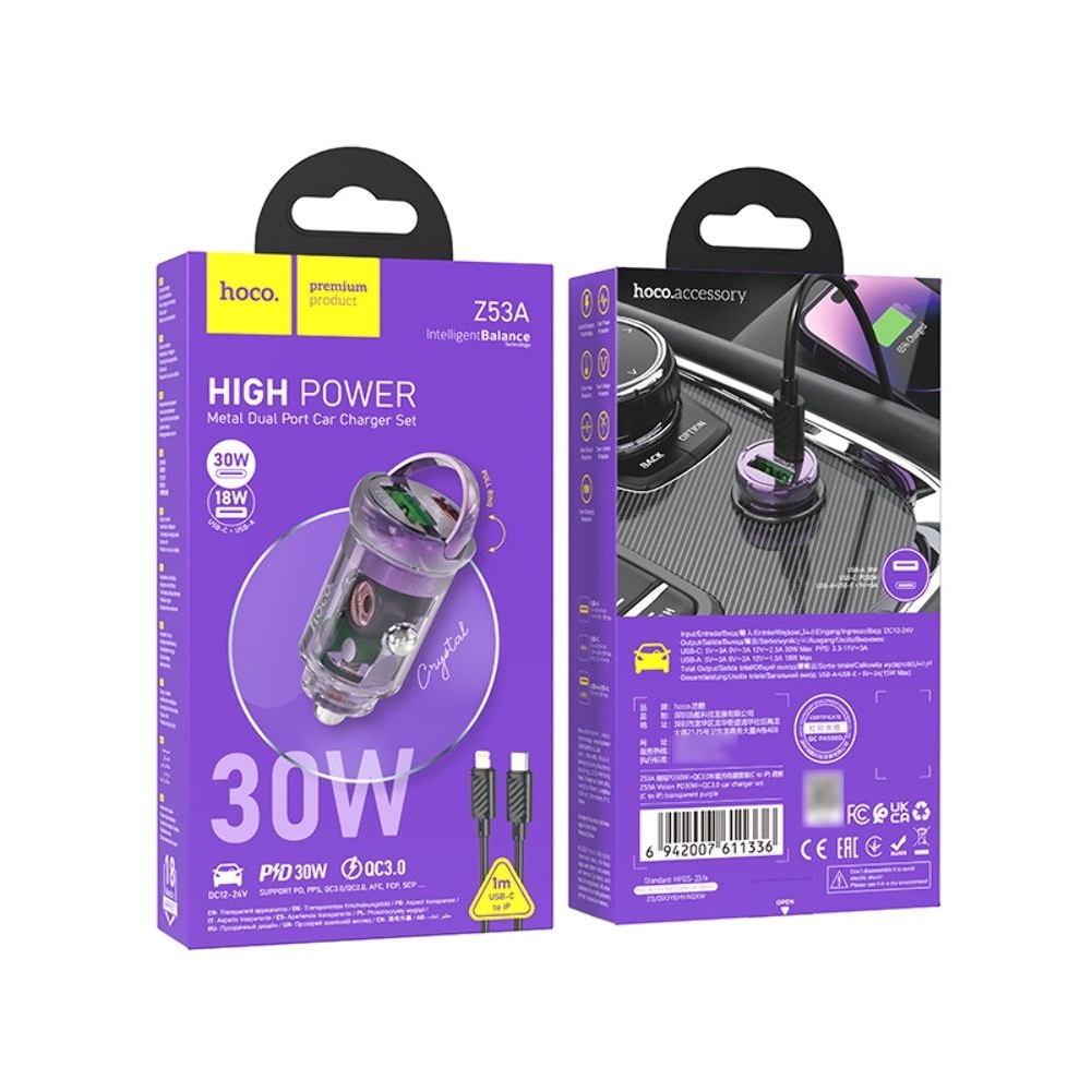 ������������� �������� ������� Hoco Z53A USB/ Type-C, Power Delivery (30 ��), Quick Charge, transparent purple + ������ Type-C �� Lightning | �������, �������� ����������
