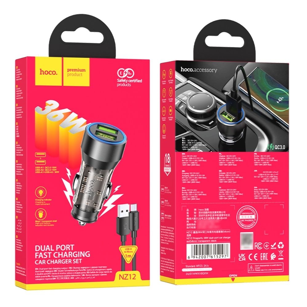 ������������� �������� ������� Hoco NZ12 2 USB, Quick Charge, 36W transparent, ������ + ������ USB to MicroUSB | �������, �������� ����������
