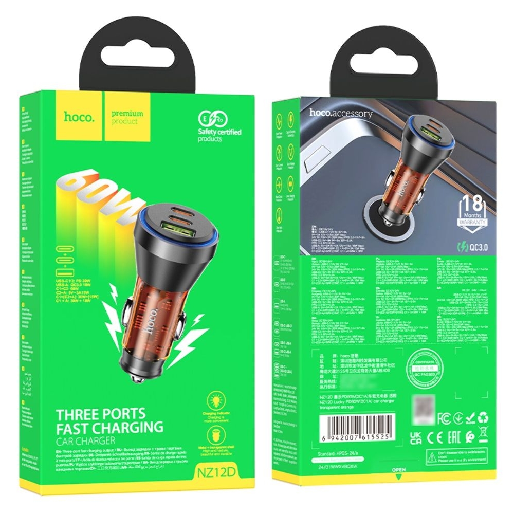 ������������� �������� ������� Hoco NZ12D, 1 USB, 2 Type-C, PD 60W transparent orange | �������, �������� ����������