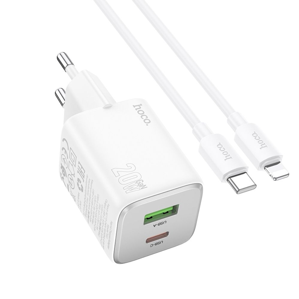 ������� �������� ���������� Hoco N41 USB/ Type-C PD QC white + ������ Type-C to Lightning