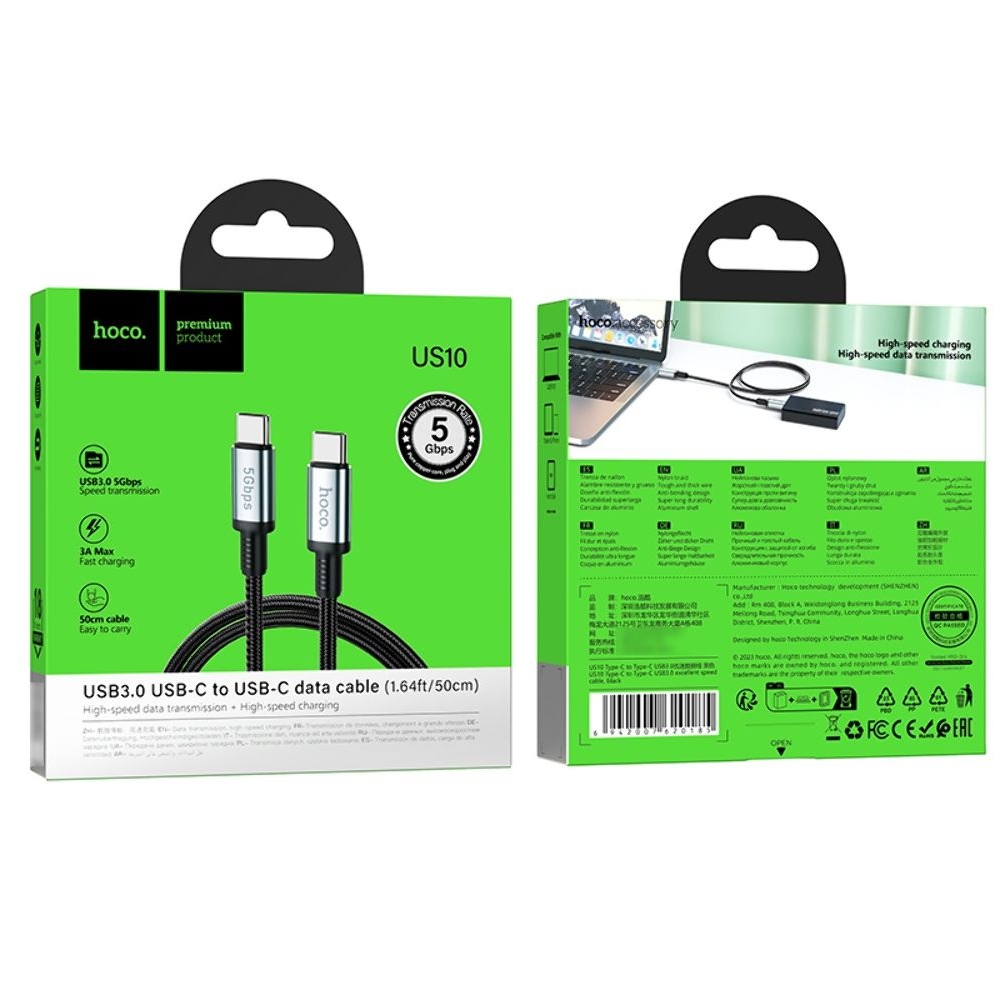 �������������� ������ Hoco US10 Type-C to Type-C USB3.0 5Gbit/s 0.5m black