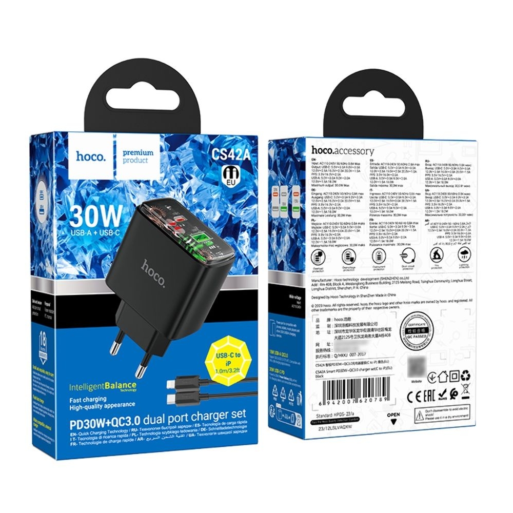 ������� �������� ���������� Hoco CS42A USB/ Type-C PD 30W QC black + ������ Type-C to Lightning