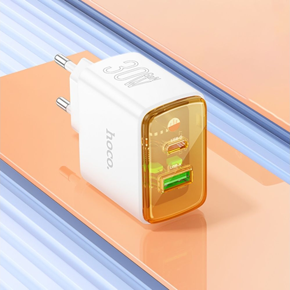 ������� �������� ���������� Hoco CS42A USB/ Type-C PD 30W QC white + ������ Type-C to Lightning