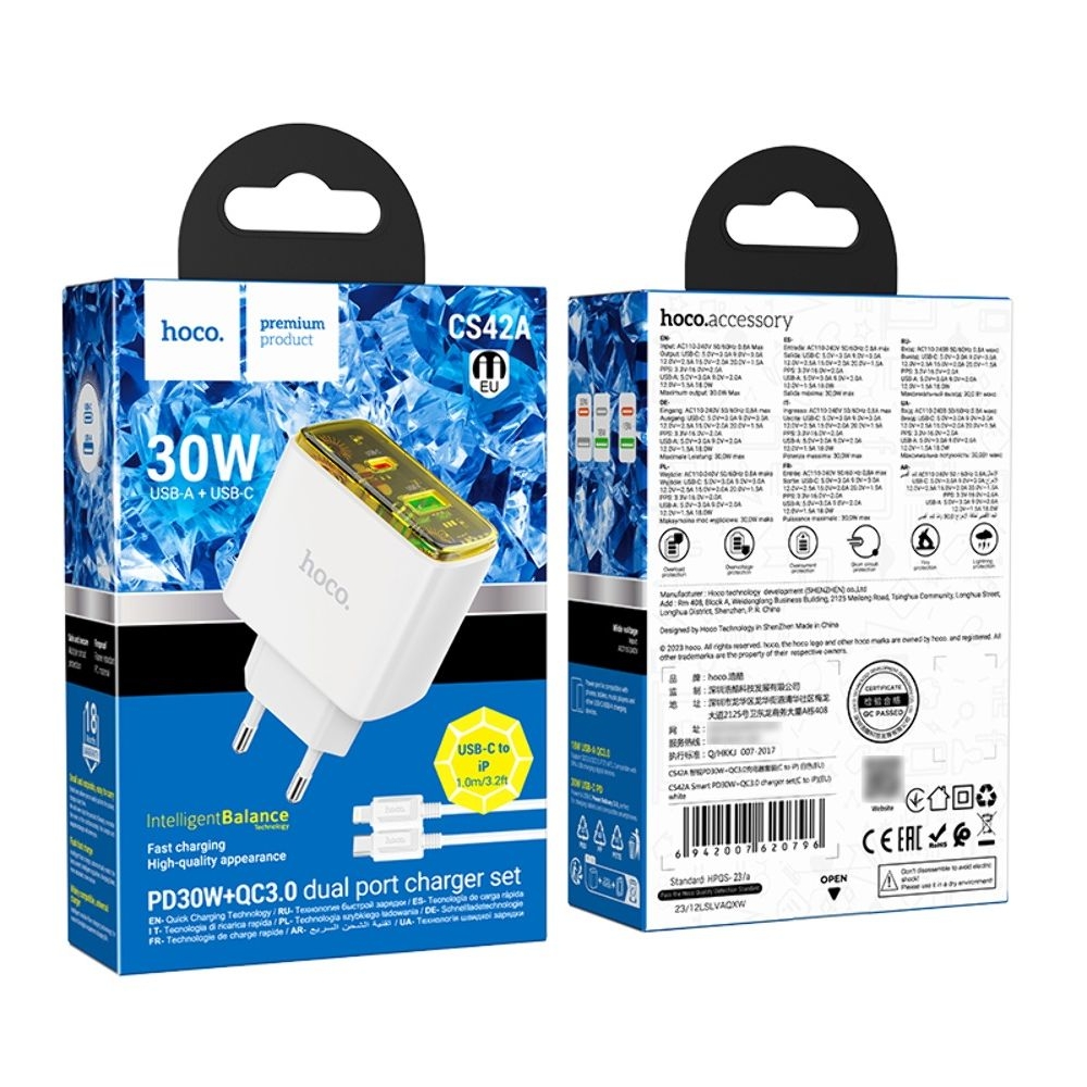 ������� �������� ���������� Hoco CS42A USB/ Type-C PD 30W QC white + ������ Type-C to Lightning