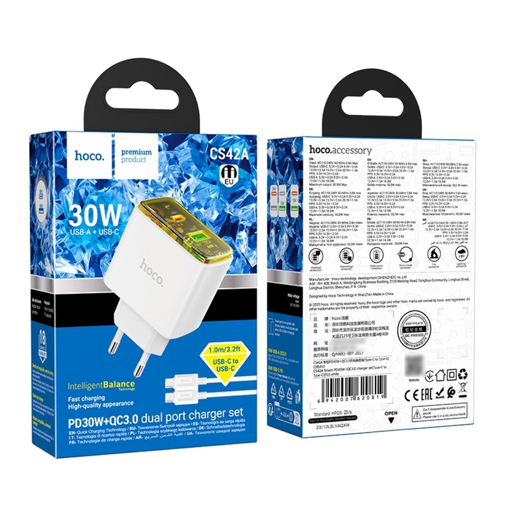������� �������� ���������� Hoco CS42A USB/ Type-C PD 30W QC white + ������ Type-C to Type-C