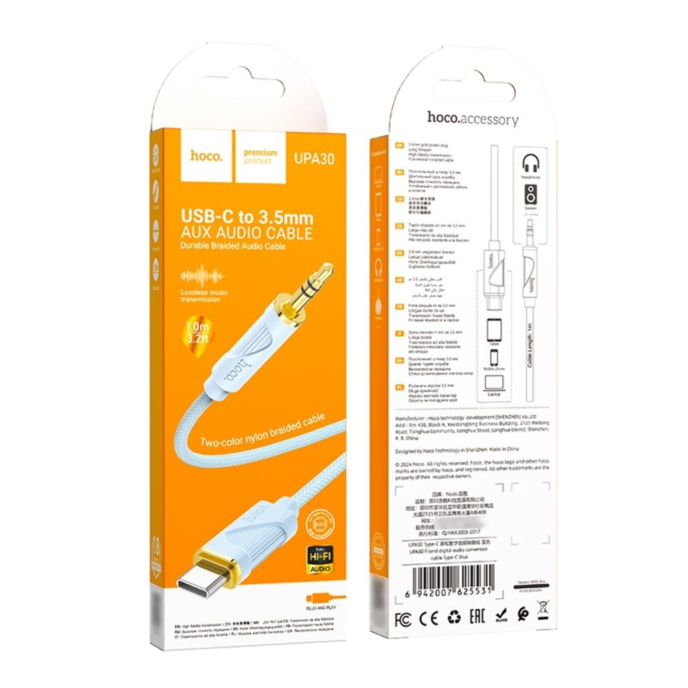 AUX ������ Hoco UPA30 Type-C to Jack 3.5 1m blue