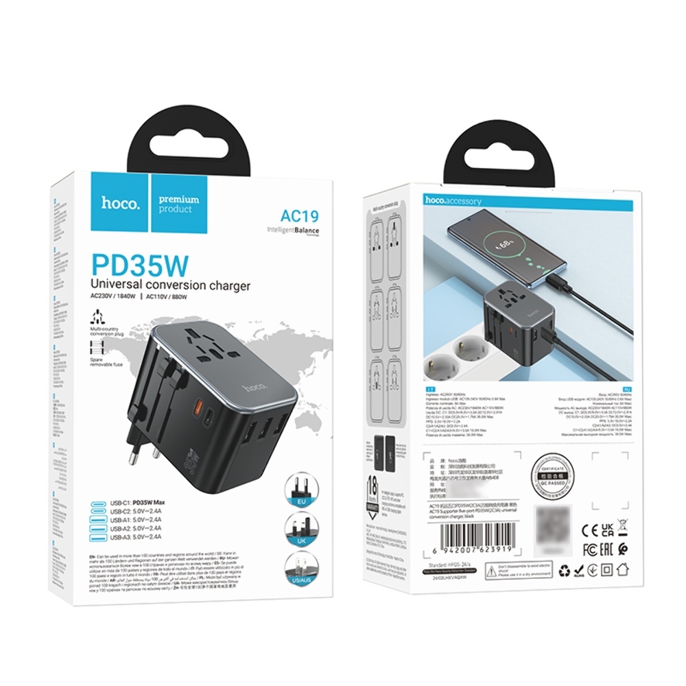 ������� �������� ���������� Hoco AC19 3 USB/ 2 Type-C PD 35W black