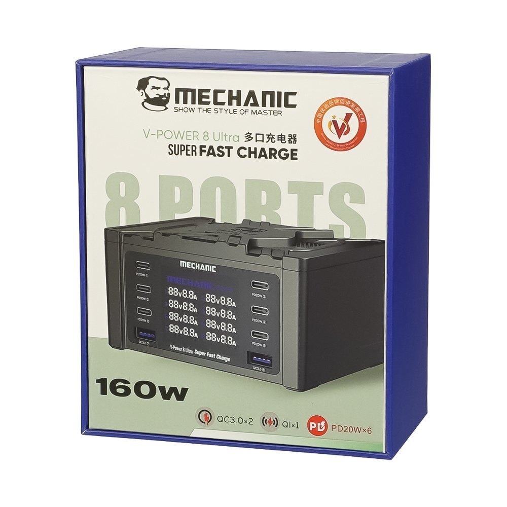 �������� ������� � ���������� ���������� ������� Mechanic V- Power 8 Ultra 160W (6 Type C - PD 20W/ 2 USB QC 3A/ Wireless charging 15W)