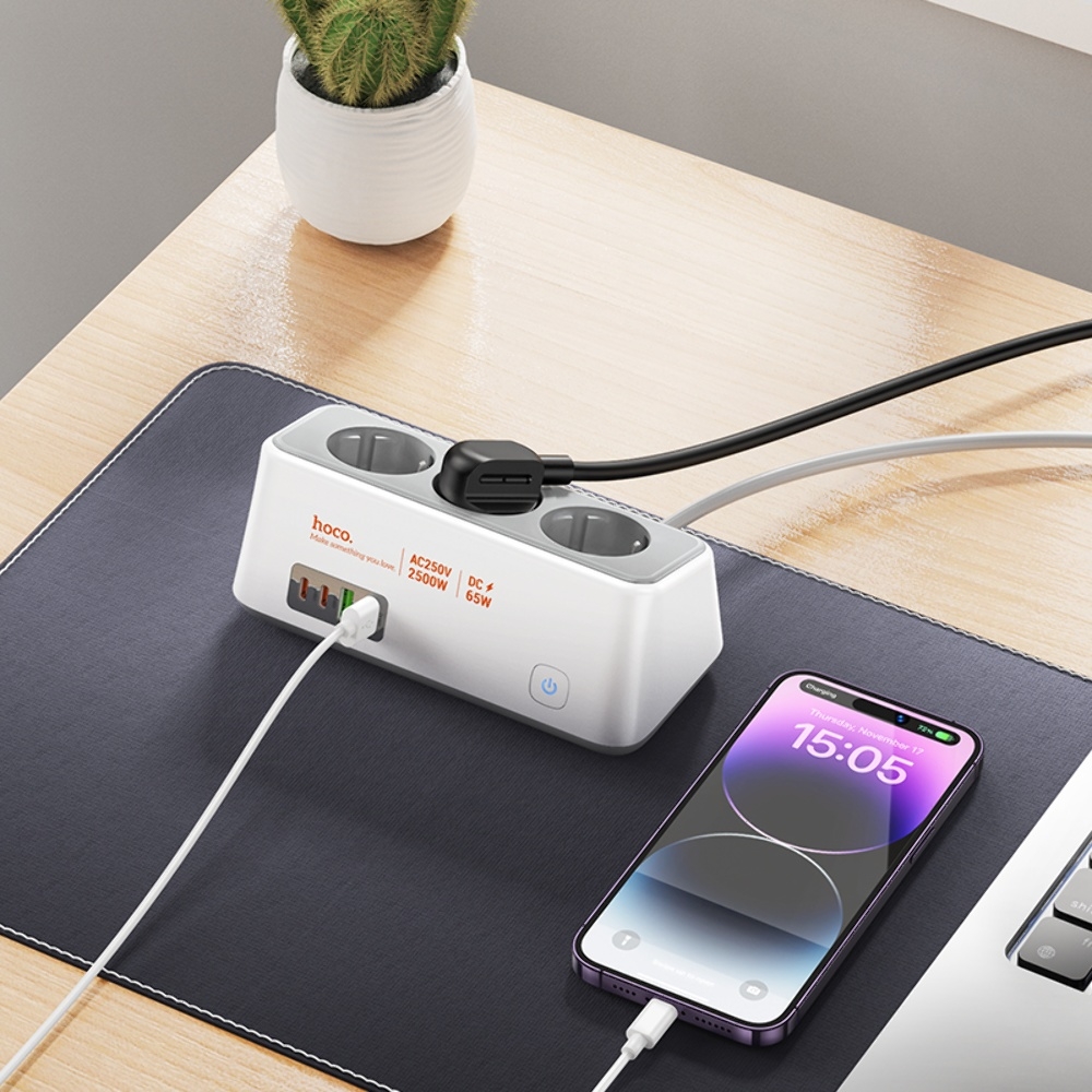 ������� �������� ���������� ���������� Hoco AC23 2 USB/ 2 Type-C PD 65W 3 ������� 2m white