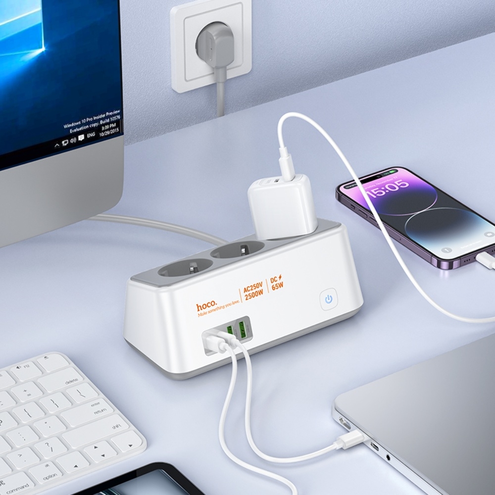 ������� �������� ���������� ���������� Hoco AC23 2 USB/ 2 Type-C PD 65W 3 ������� 2m white
