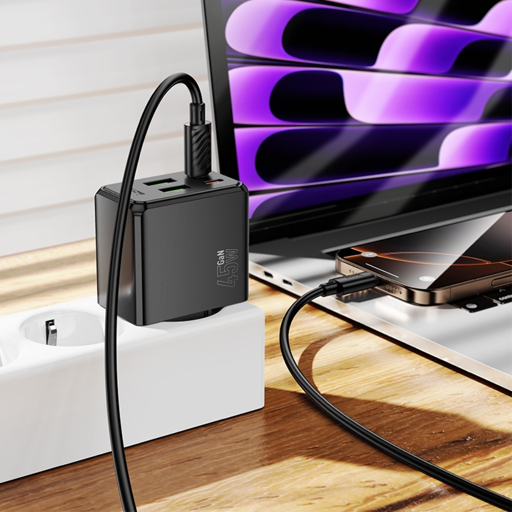 ������� �������� ���������� Hoco CS18A 2 USB/ 2 Type-C PD 45W black + ������ Type-C to Type-C