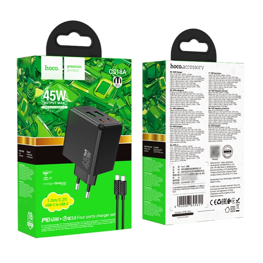 ������� �������� ���������� Hoco CS18A 2 USB/ 2 Type-C PD 45W black + ������ Type-C to Type-C