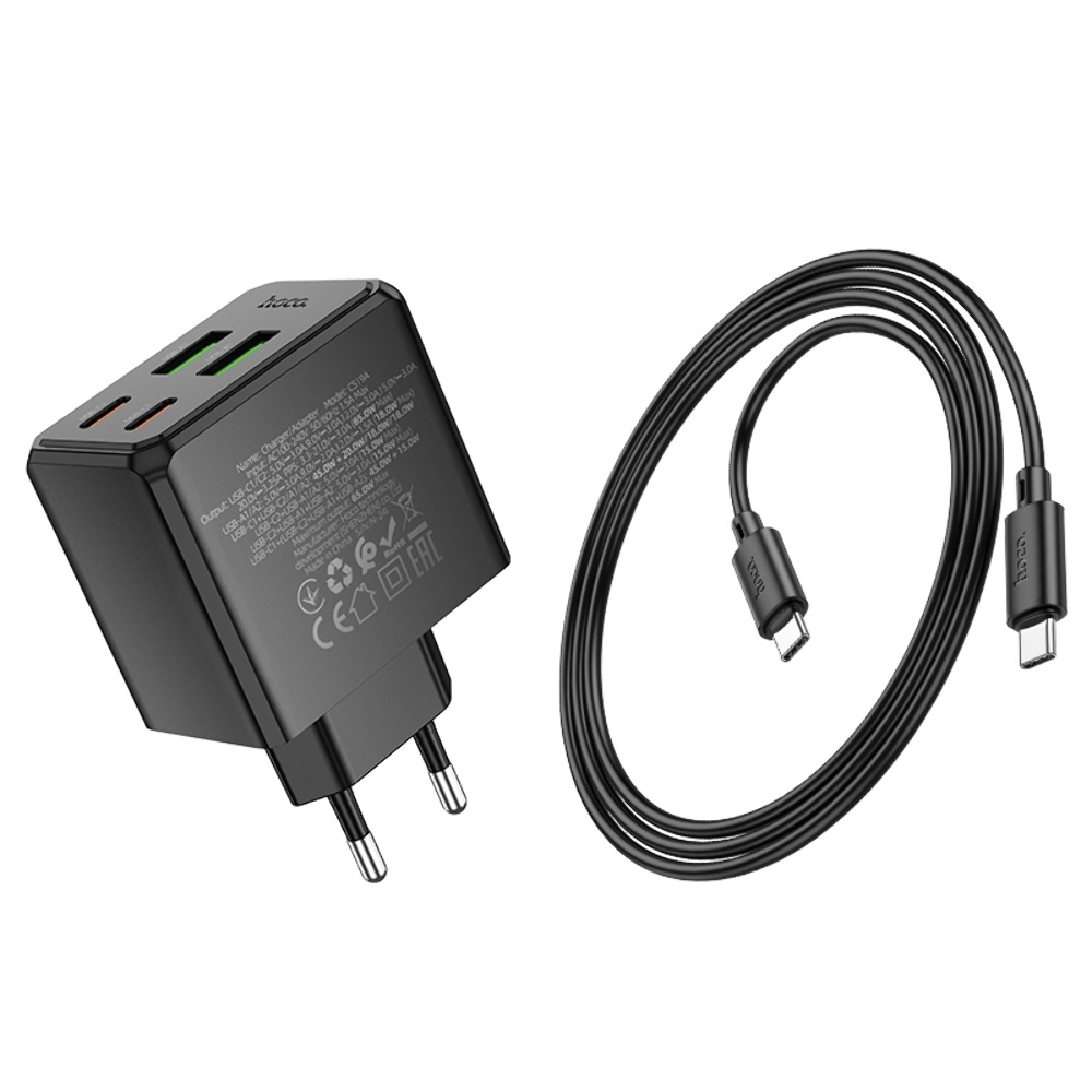 ������� �������� ���������� Hoco CS19A 2 USB/ 2 Type-C PD 65W black + ������ Type-C to Type-C