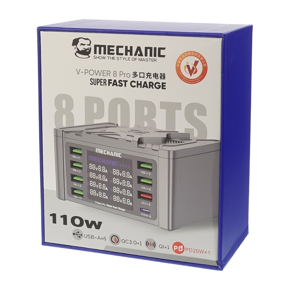 �������� ������� � ���������� ���������� ������� Mechanic V- Power 8 Pro 110W (6 USB 2.4�/ 1 USB QC 3A/ 1 Type C - PD 20W/ Wireless fast charging 15W)