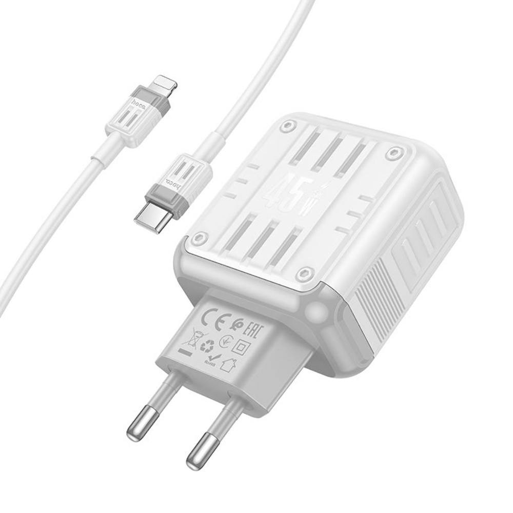 ������� �������� ���������� Hoco C136A USB/ Type-C PD 45W white + ������ Type-C to Lightning