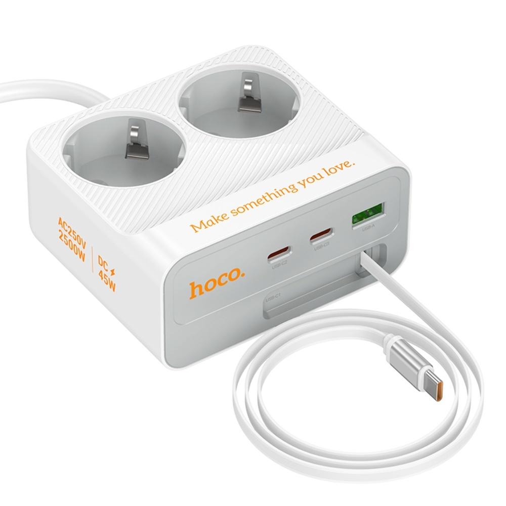 ������� �������� ���������� ���������� Hoco AC28 USB/ 3 Type-C PD 45W 2 ������� 2m white