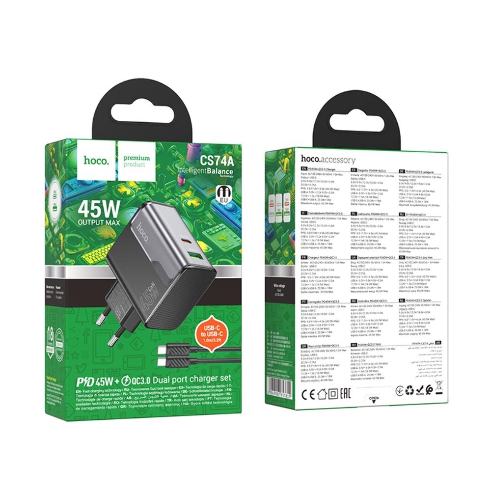 ������� �������� ���������� Hoco CS74A USB/ Type-C PD 45W QC midnight black + ������ Type-C to Type-C