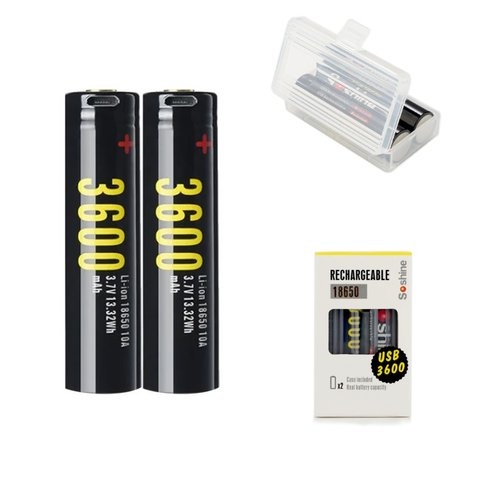 ���������� 18650 Soshine, 3600 mAh, 3,7 �, Li-ion, 2 ��., � �������, � �����, c �������, ����������� �� micro USB Type-B | ���, �������, �����������